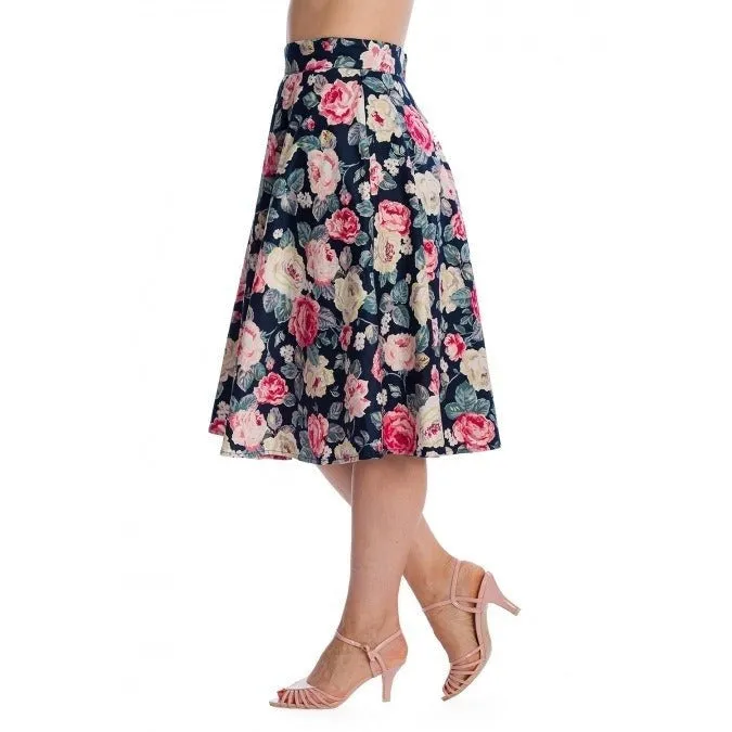 Navy Rose Print Rockabilly Swing Skirt