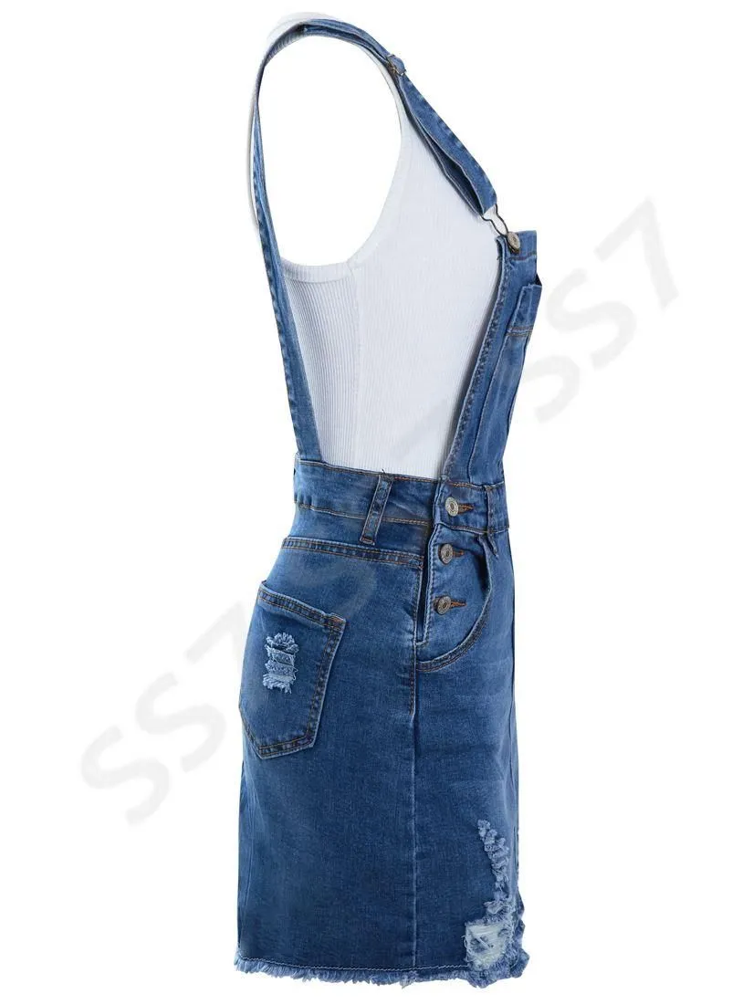 NEW Womens Denim Dungaree Dress Ladies Jean Pinafore Skirt Blue Sizes 8 10 12 14