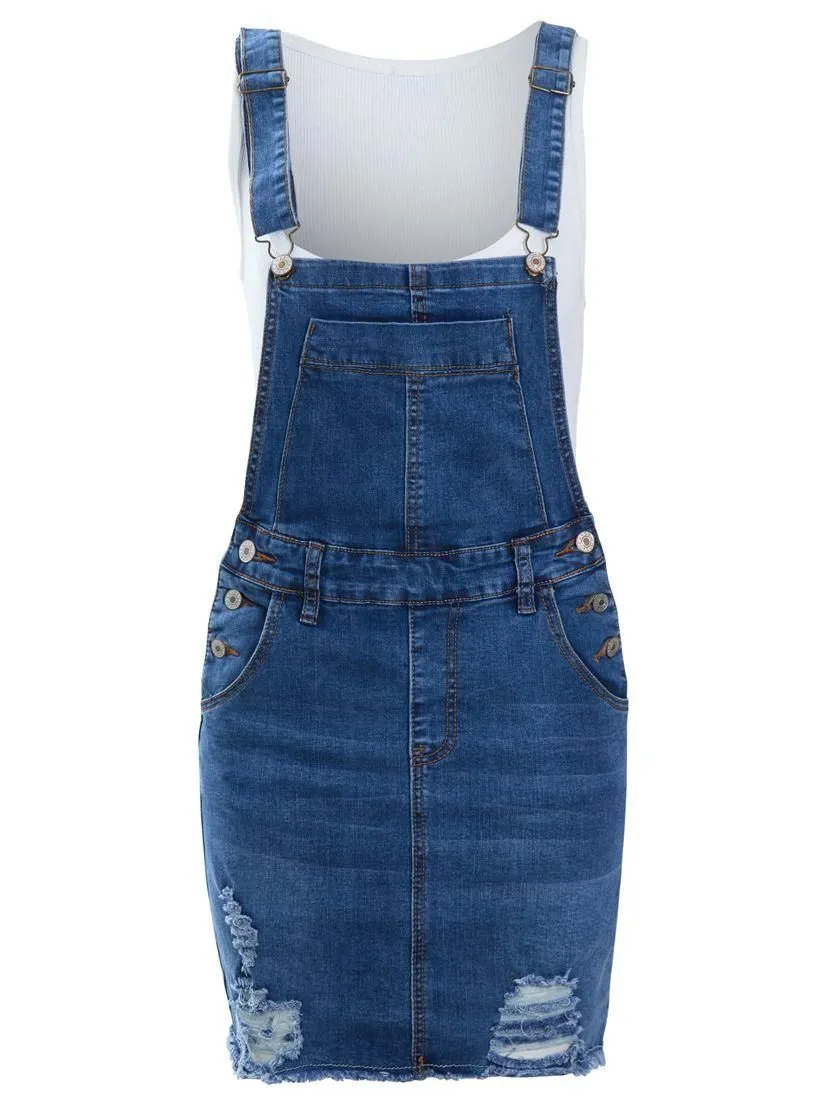 NEW Womens Denim Dungaree Dress Ladies Jean Pinafore Skirt Blue Sizes 8 10 12 14