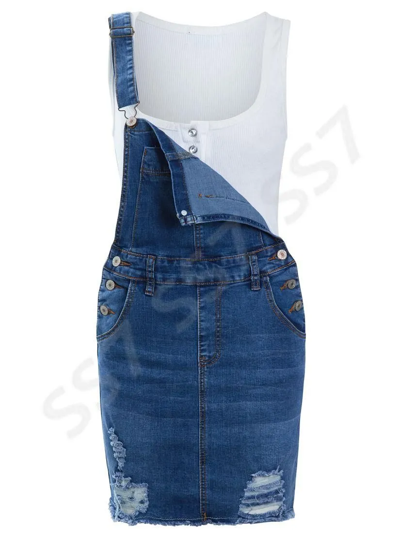 NEW Womens Denim Dungaree Dress Ladies Jean Pinafore Skirt Blue Sizes 8 10 12 14