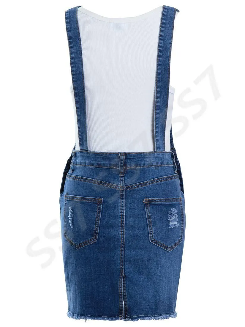 NEW Womens Denim Dungaree Dress Ladies Jean Pinafore Skirt Blue Sizes 8 10 12 14