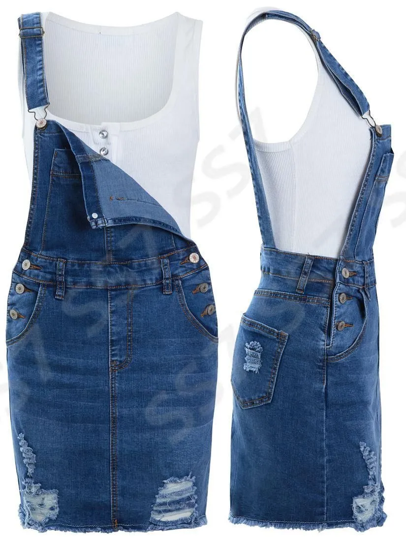 NEW Womens Denim Dungaree Dress Ladies Jean Pinafore Skirt Blue Sizes 8 10 12 14