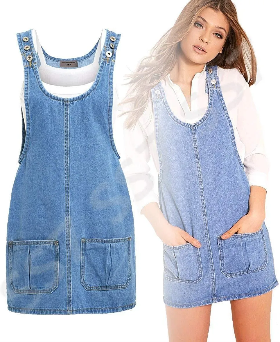 NEW Womens Denim Dungaree Ladies Dress Jean Pinafore Skirt Sizes 6 8 10 12 14 16