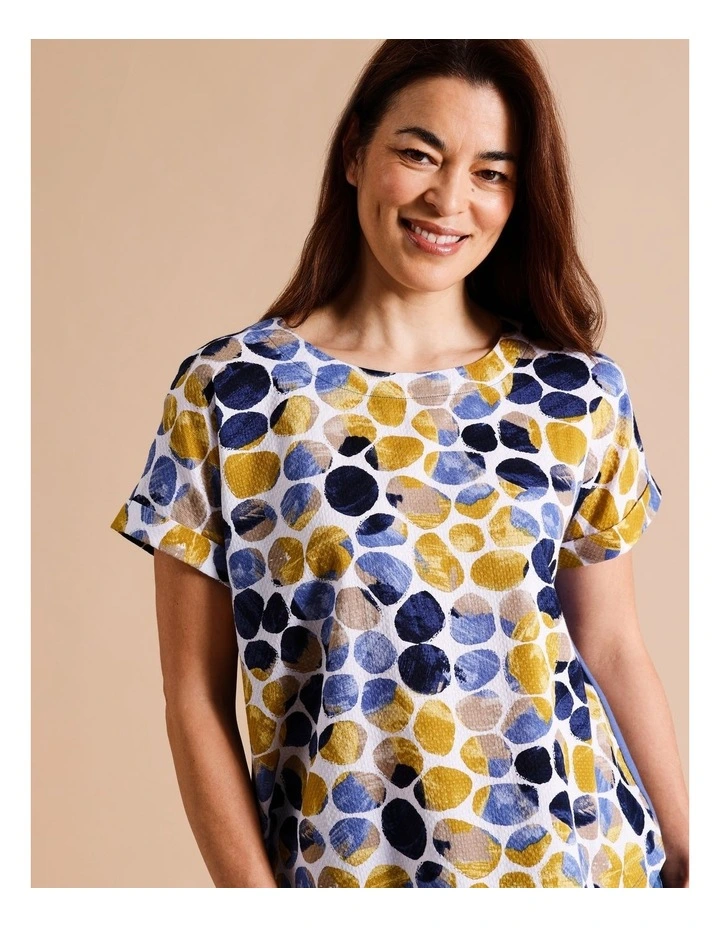 Organic Cotton Short Cuffed Magyar Sleeve Woven Front Tee With Knit Back In Navy/ochre/white Abstract Spot