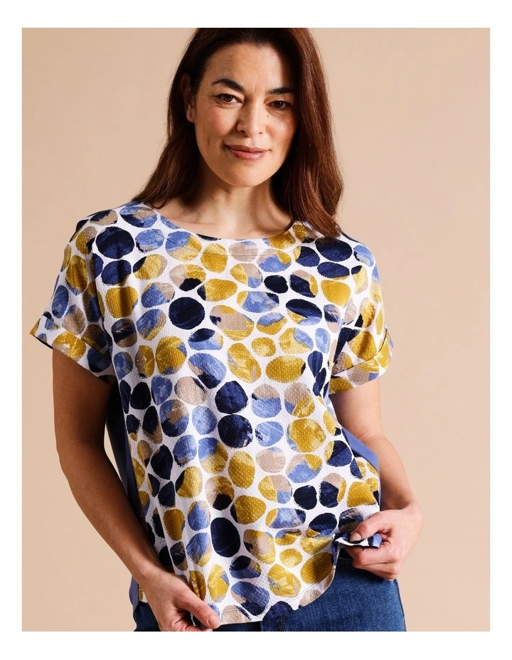 Organic Cotton Short Cuffed Magyar Sleeve Woven Front Tee With Knit Back In Navy/ochre/white Abstract Spot