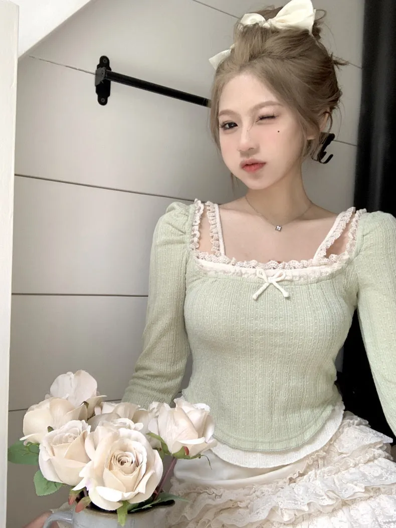 Pastel Fairycore Lace Long Sleeve Top