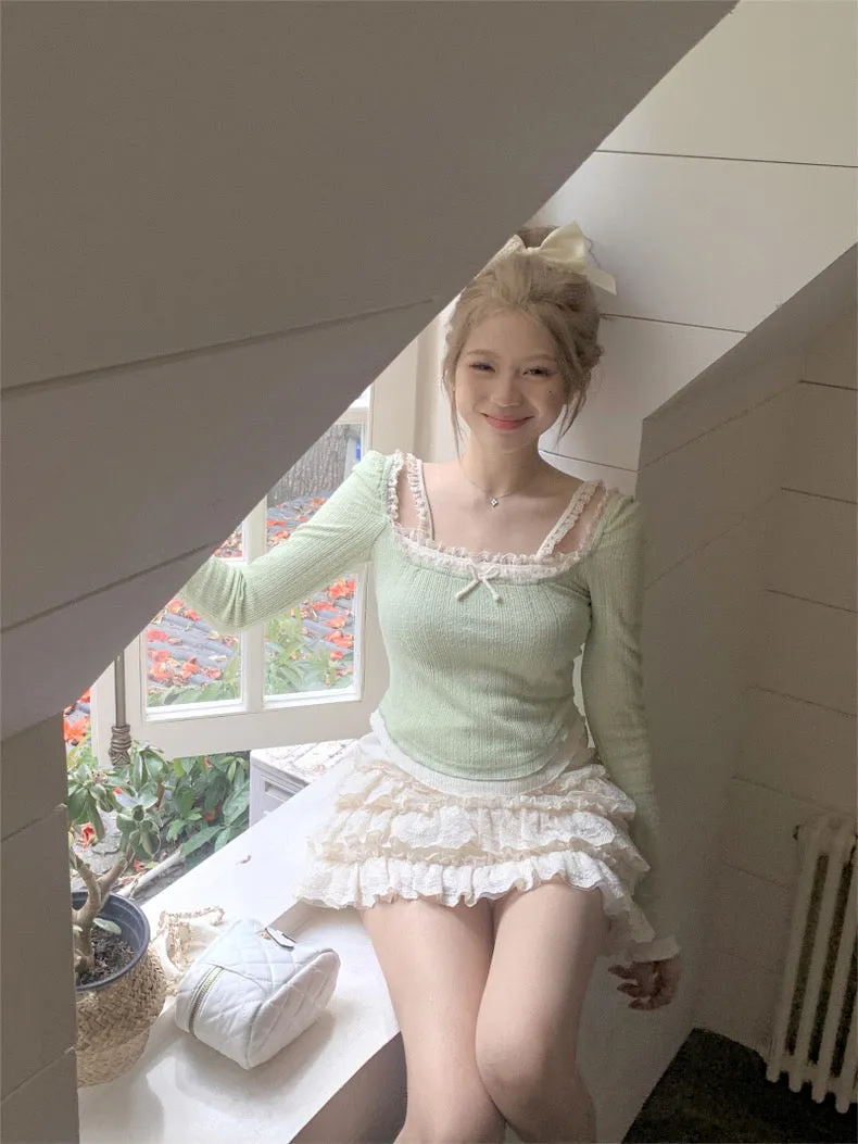 Pastel Fairycore Lace Long Sleeve Top