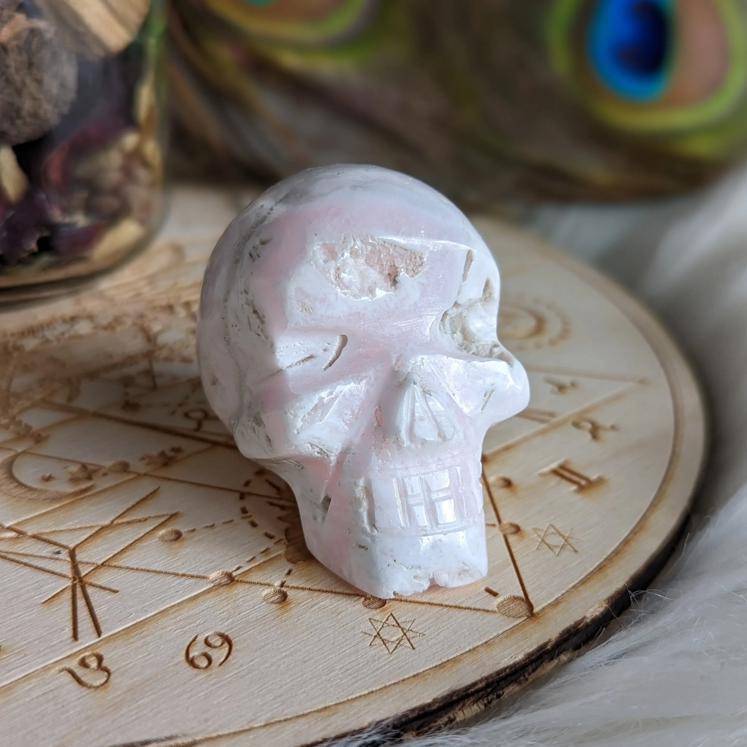 Pink Mangano Calcite Skull Carving with Druzy ~ Resonates with the Heart Frequency