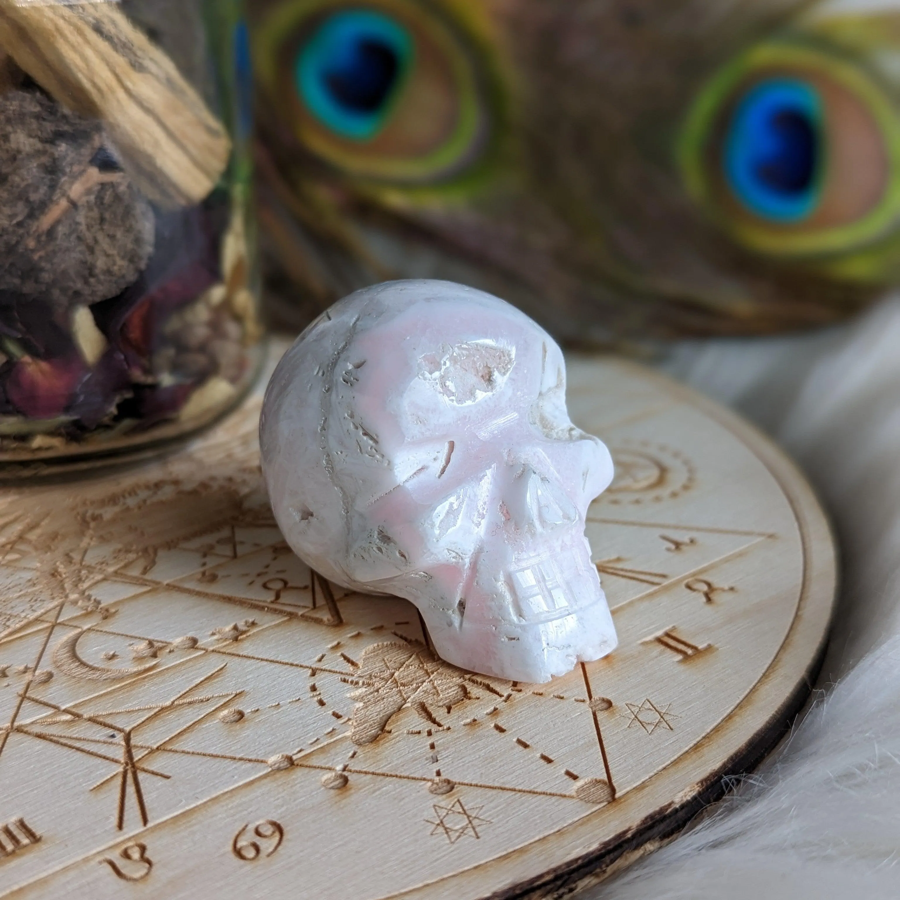 Pink Mangano Calcite Skull Carving with Druzy ~ Resonates with the Heart Frequency