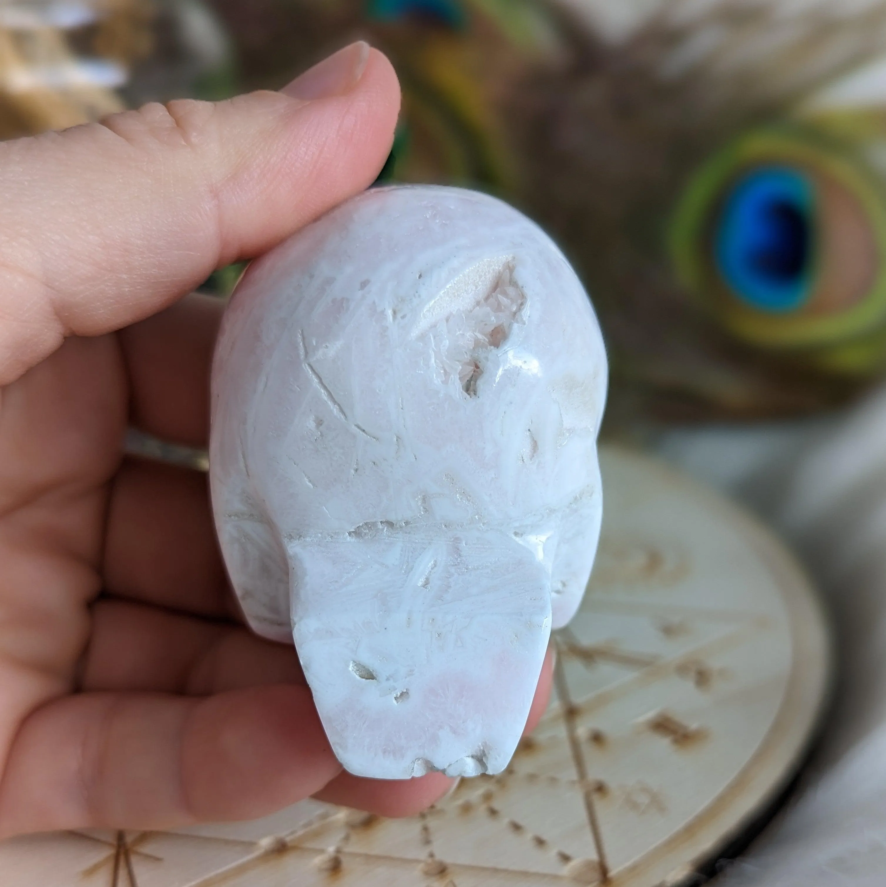 Pink Mangano Calcite Skull Carving with Druzy ~ Resonates with the Heart Frequency