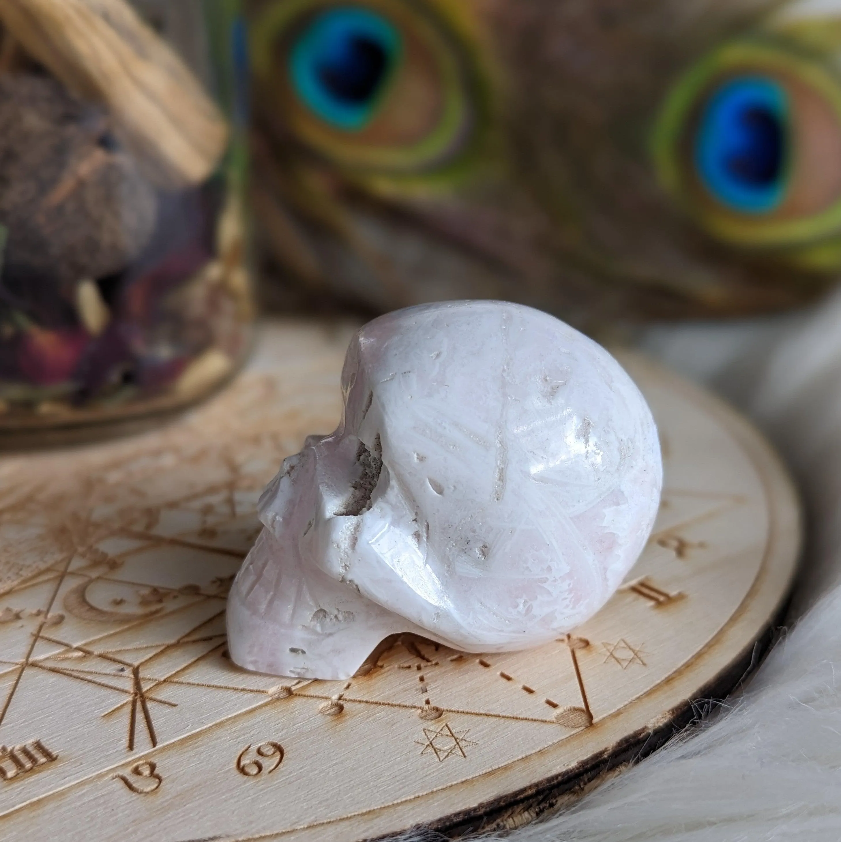 Pink Mangano Calcite Skull Carving with Druzy ~ Resonates with the Heart Frequency