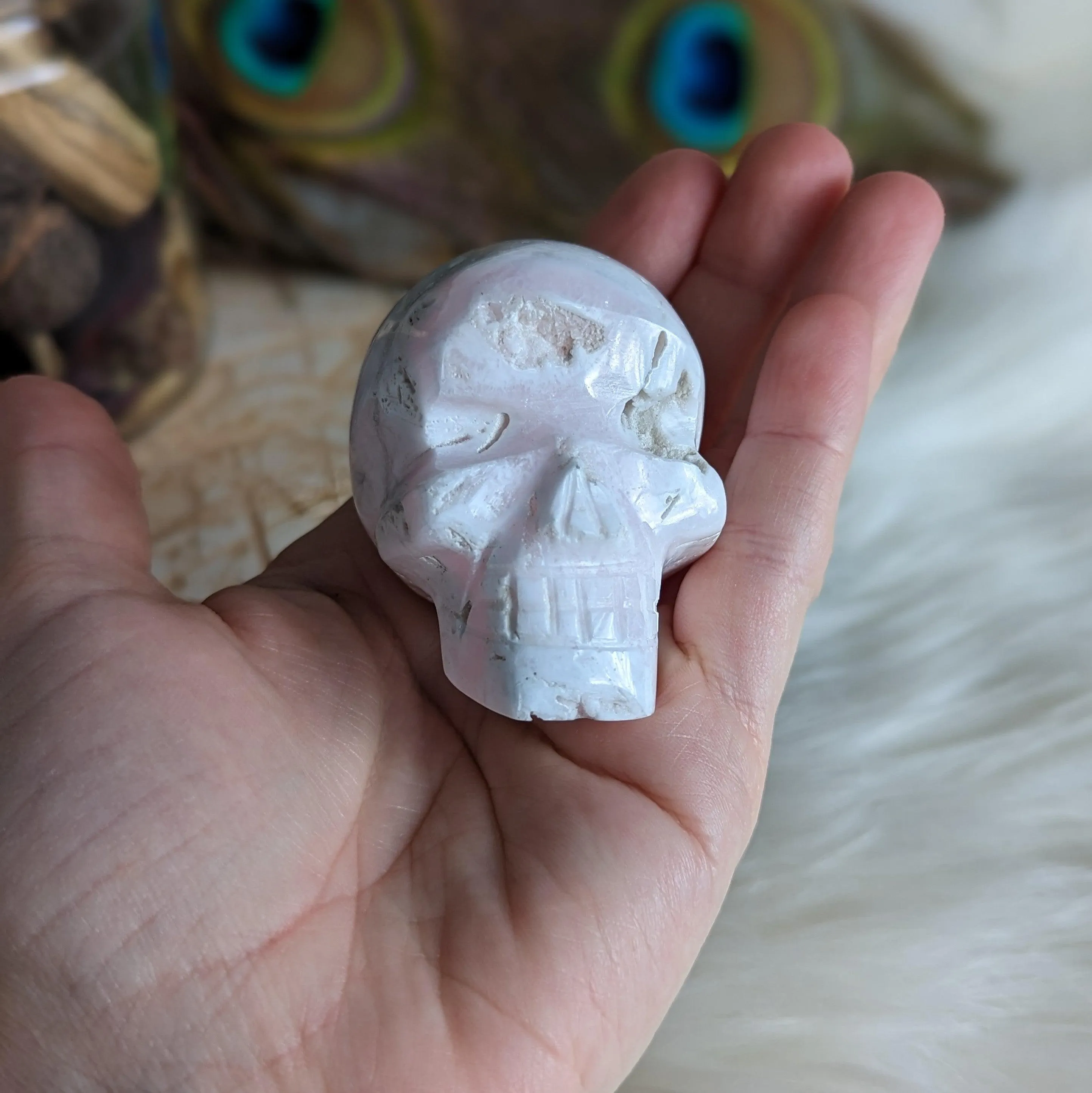 Pink Mangano Calcite Skull Carving with Druzy ~ Resonates with the Heart Frequency