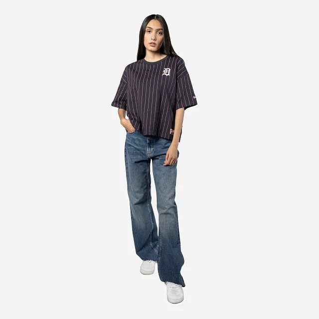 Playera Manga Corta Detroit Tigers MLB Throwback Pinstripe para Mujer