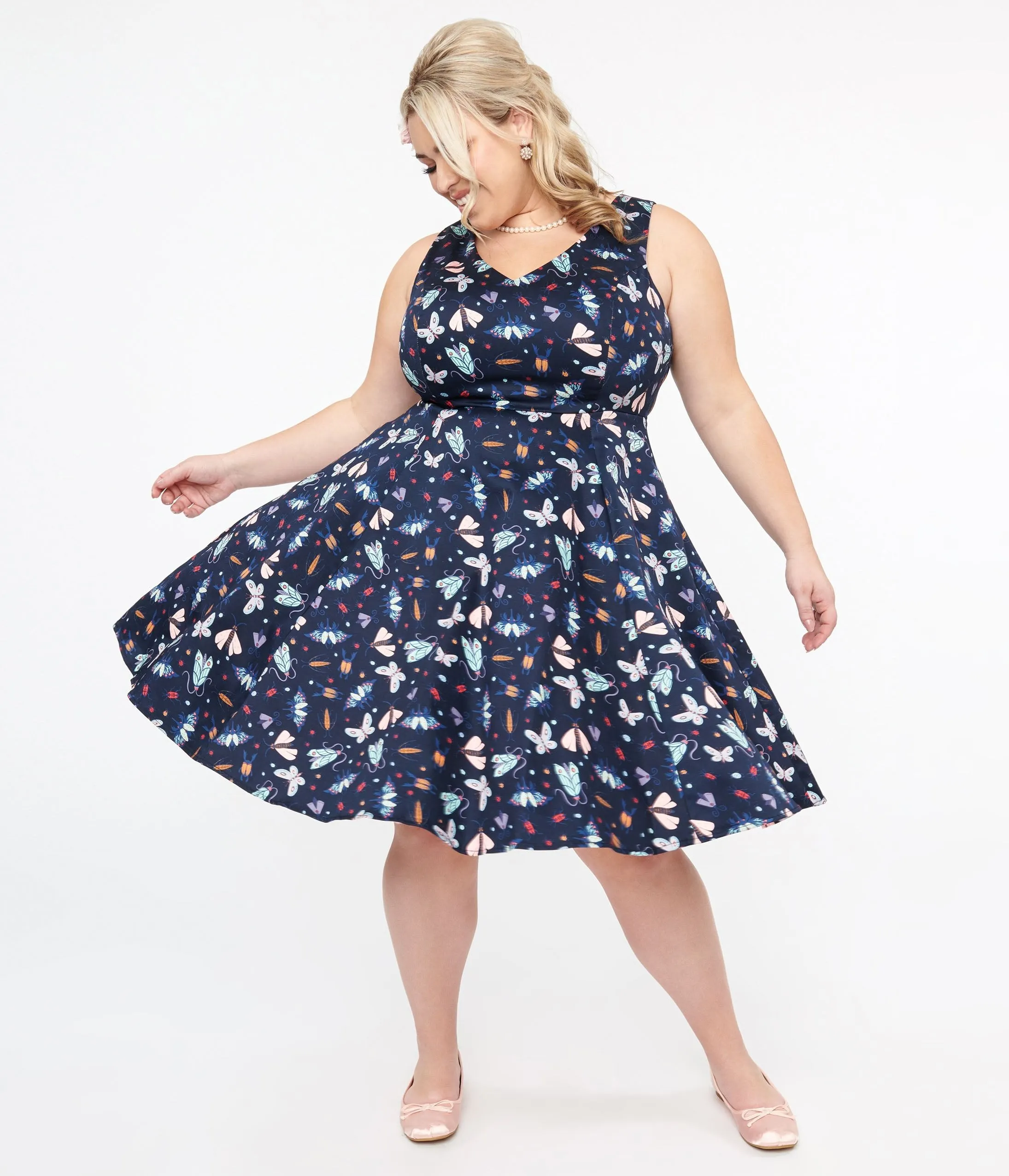 Plus Size Navy & Multicolor Bug Cotton Swing Dress