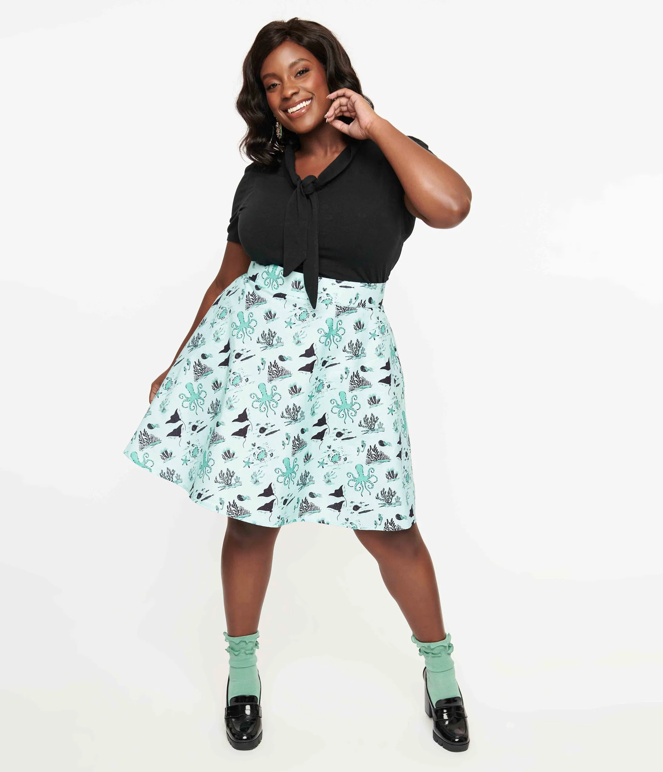 Retrolicious Plus Size 1950s Teal Sea Print Cotton Skater Skirt