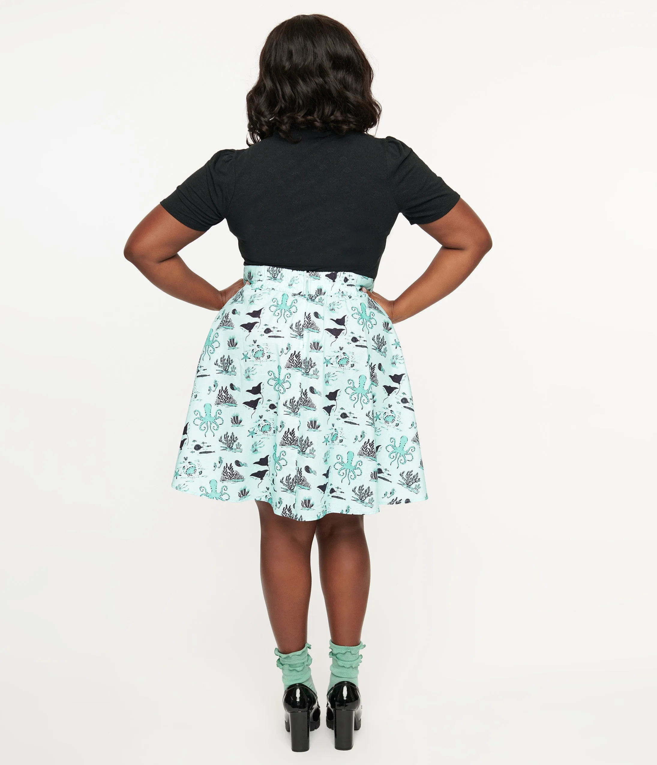 Retrolicious Plus Size 1950s Teal Sea Print Cotton Skater Skirt