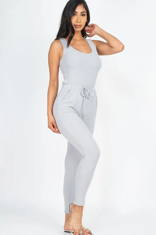 Ribbed Sleeveless Drawstring catsuits Jumpsuit