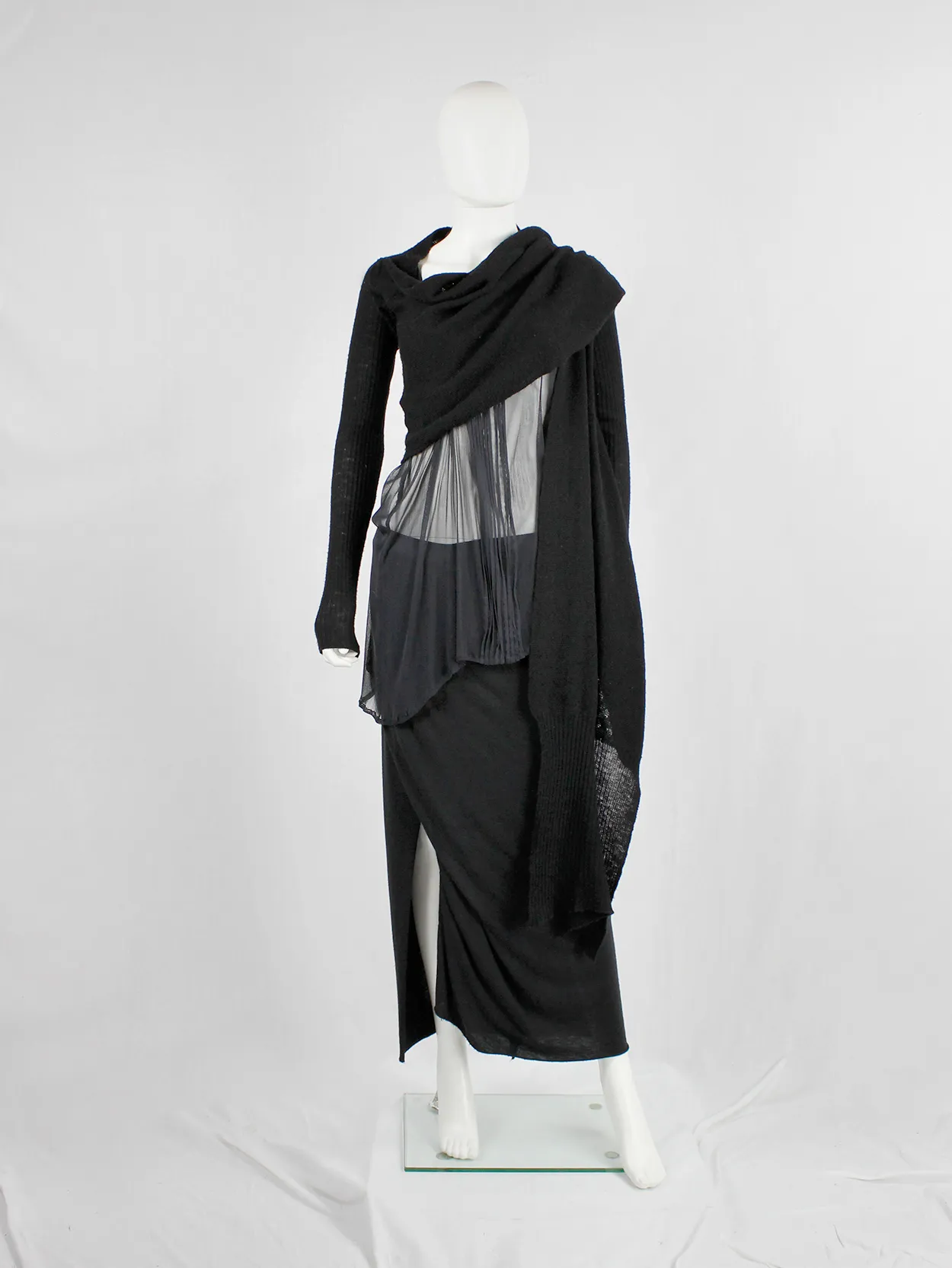 Rick Owens MOOG black cardigan with long front panels and patterned knit — fall 2005