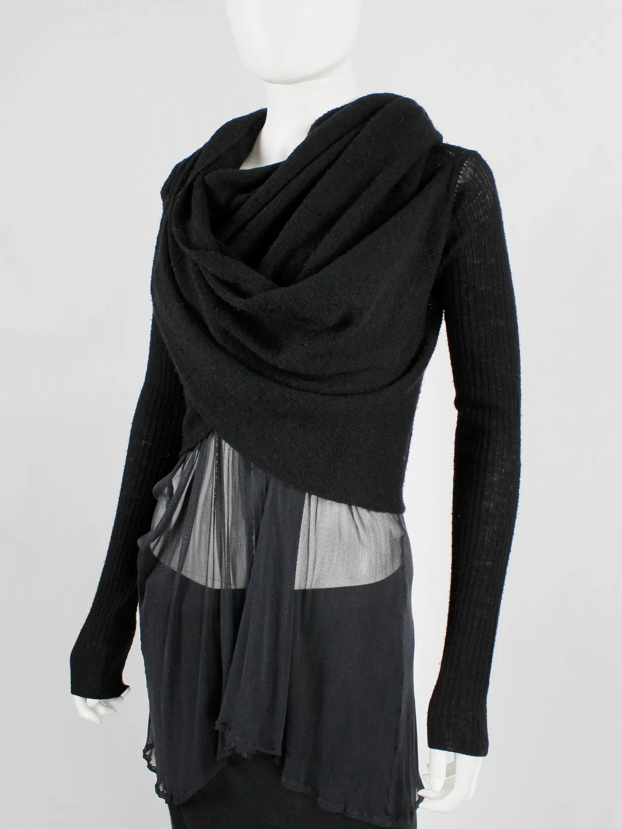 Rick Owens MOOG black cardigan with long front panels and patterned knit — fall 2005