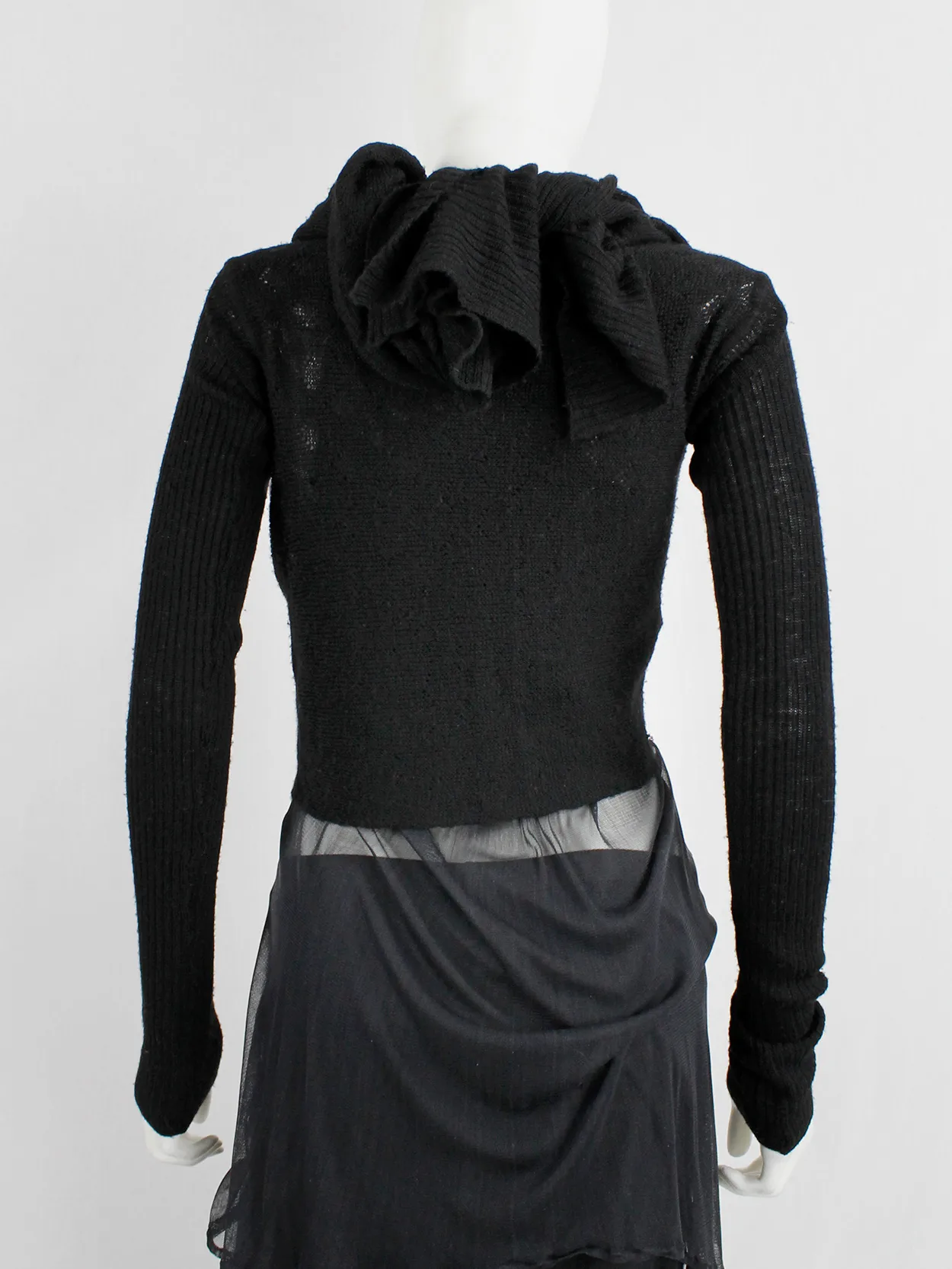 Rick Owens MOOG black cardigan with long front panels and patterned knit — fall 2005