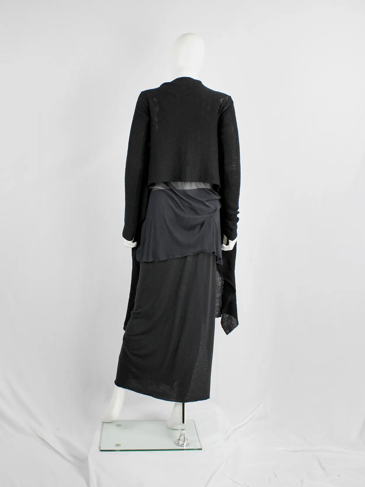 Rick Owens MOOG black cardigan with long front panels and patterned knit — fall 2005