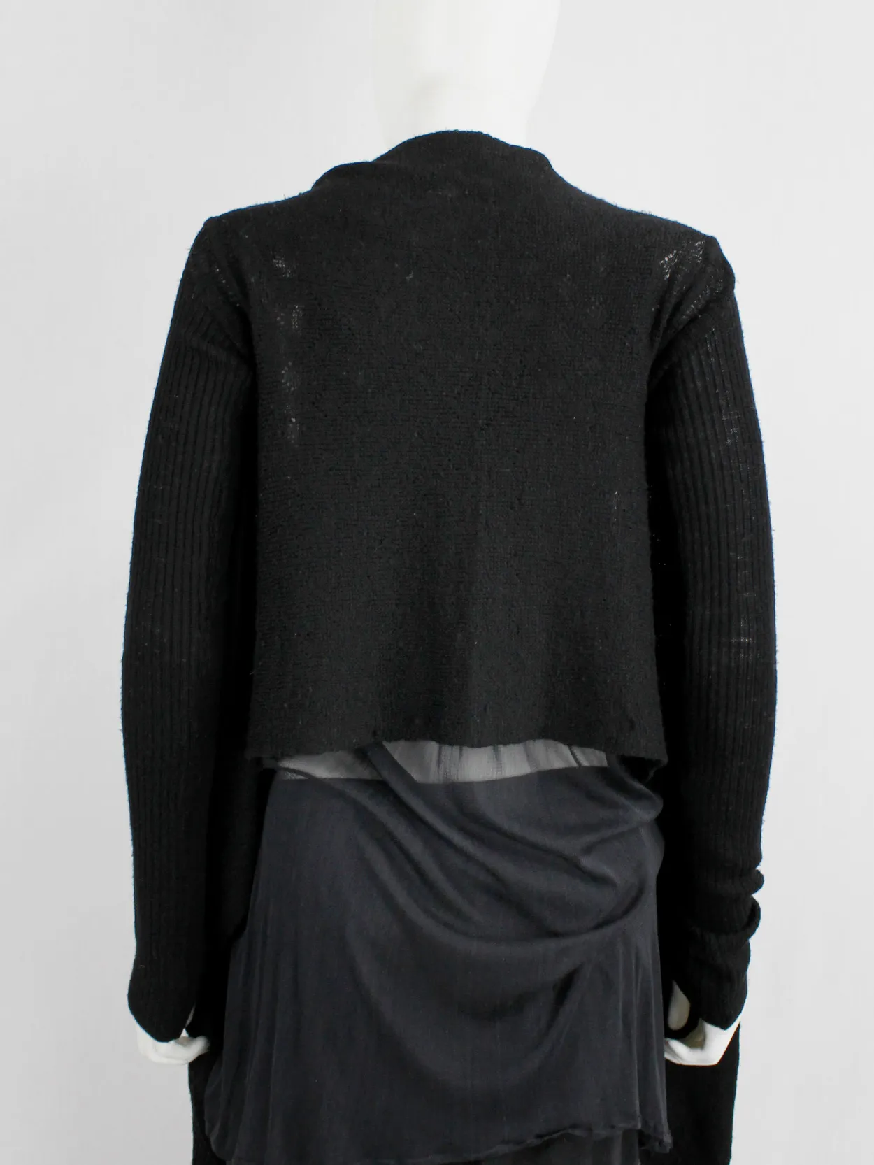 Rick Owens MOOG black cardigan with long front panels and patterned knit — fall 2005