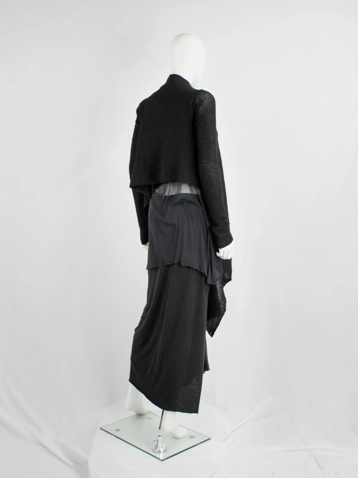 Rick Owens MOOG black cardigan with long front panels and patterned knit — fall 2005