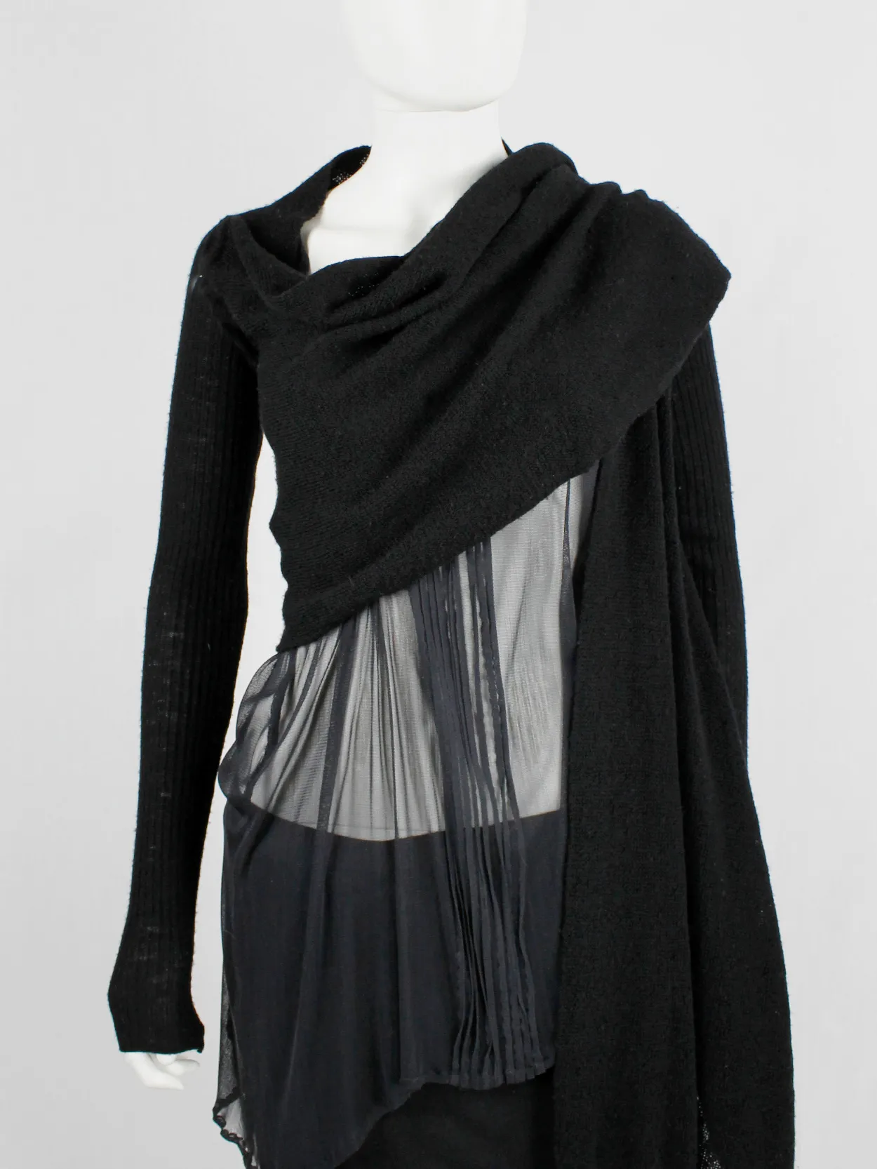 Rick Owens MOOG black cardigan with long front panels and patterned knit — fall 2005