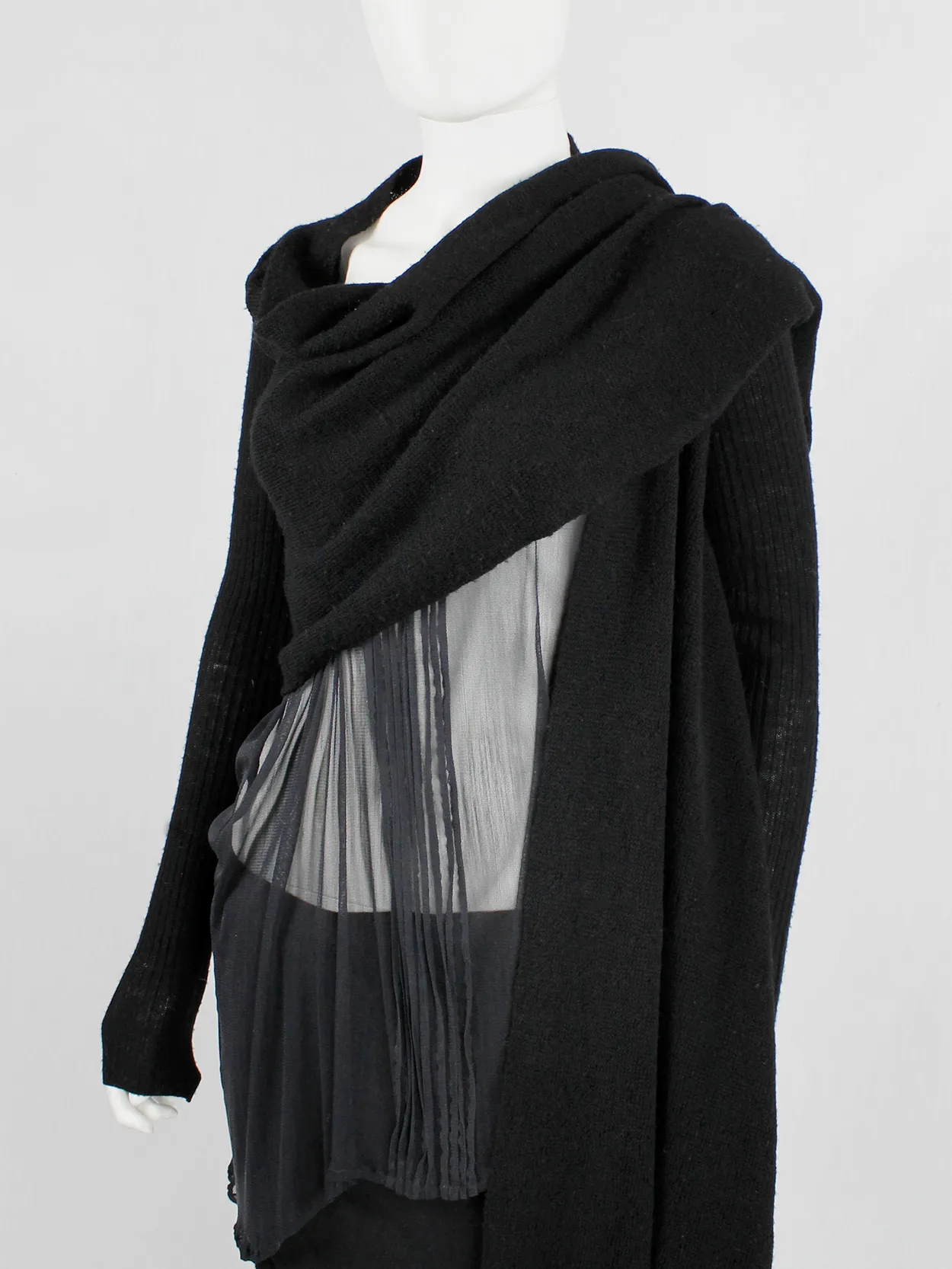 Rick Owens MOOG black cardigan with long front panels and patterned knit — fall 2005