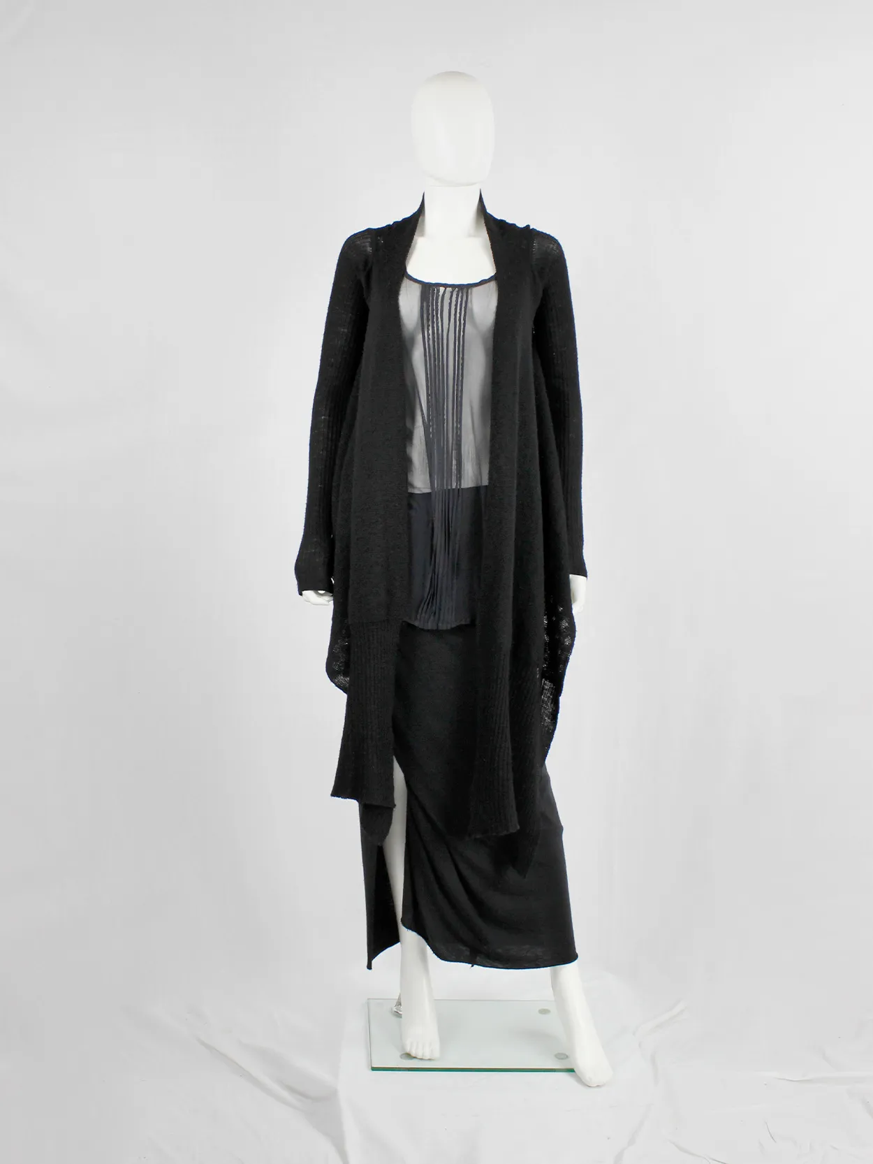 Rick Owens MOOG black cardigan with long front panels and patterned knit — fall 2005