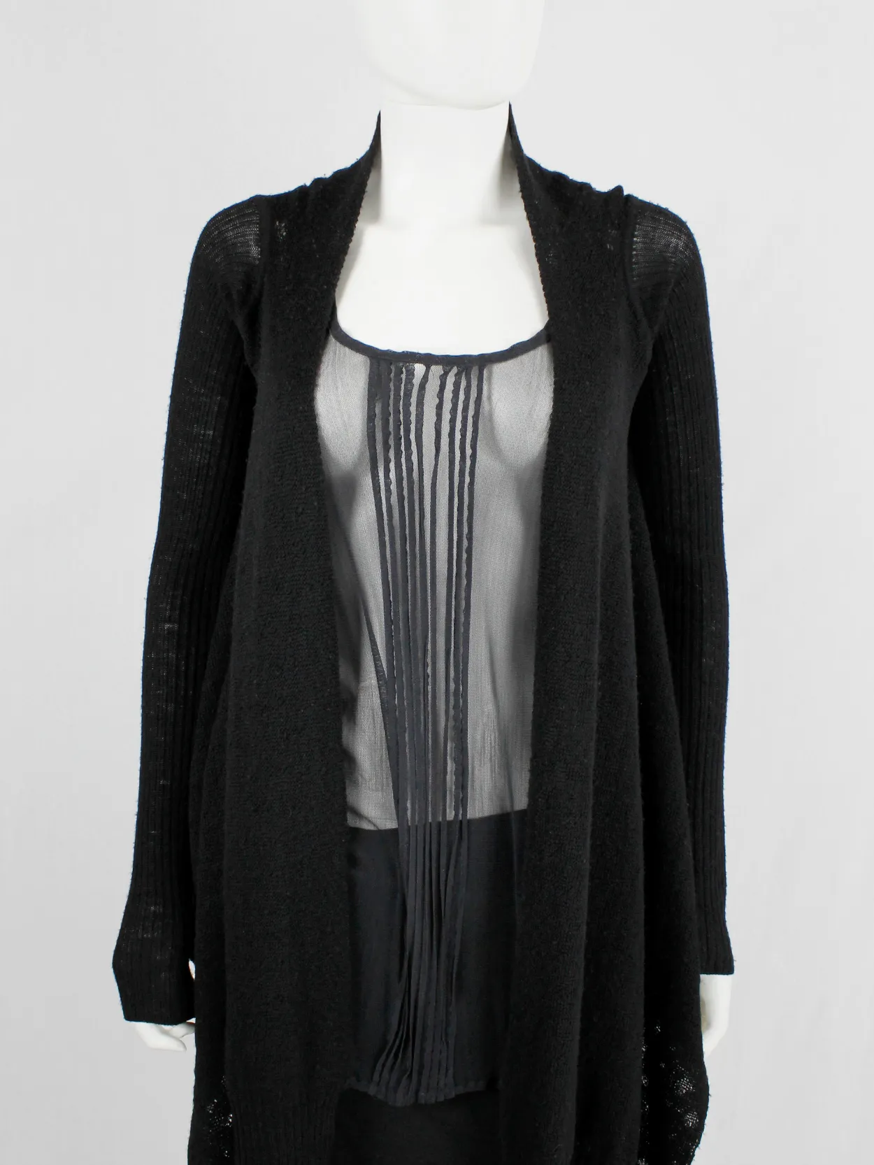 Rick Owens MOOG black cardigan with long front panels and patterned knit — fall 2005