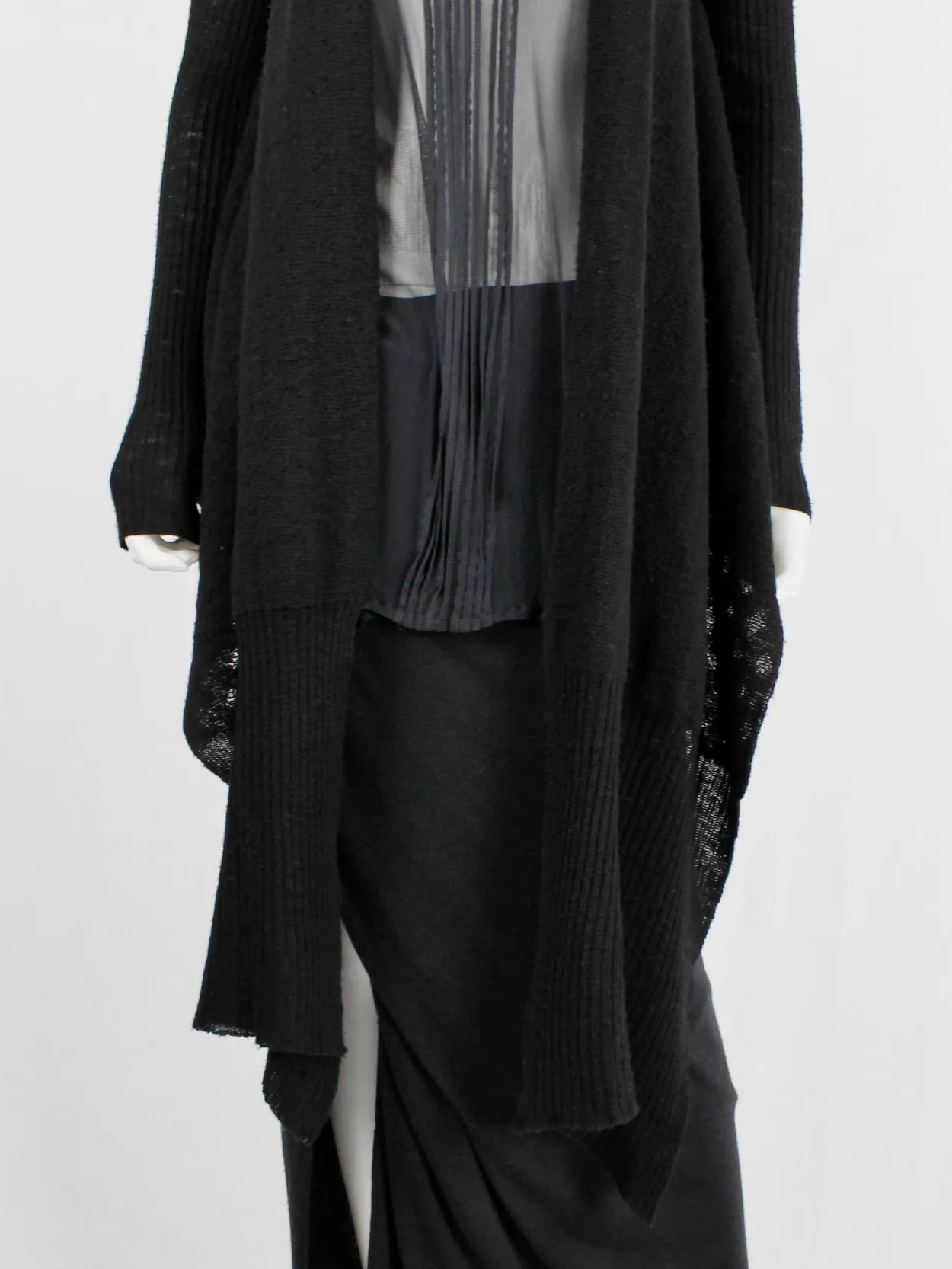 Rick Owens MOOG black cardigan with long front panels and patterned knit — fall 2005