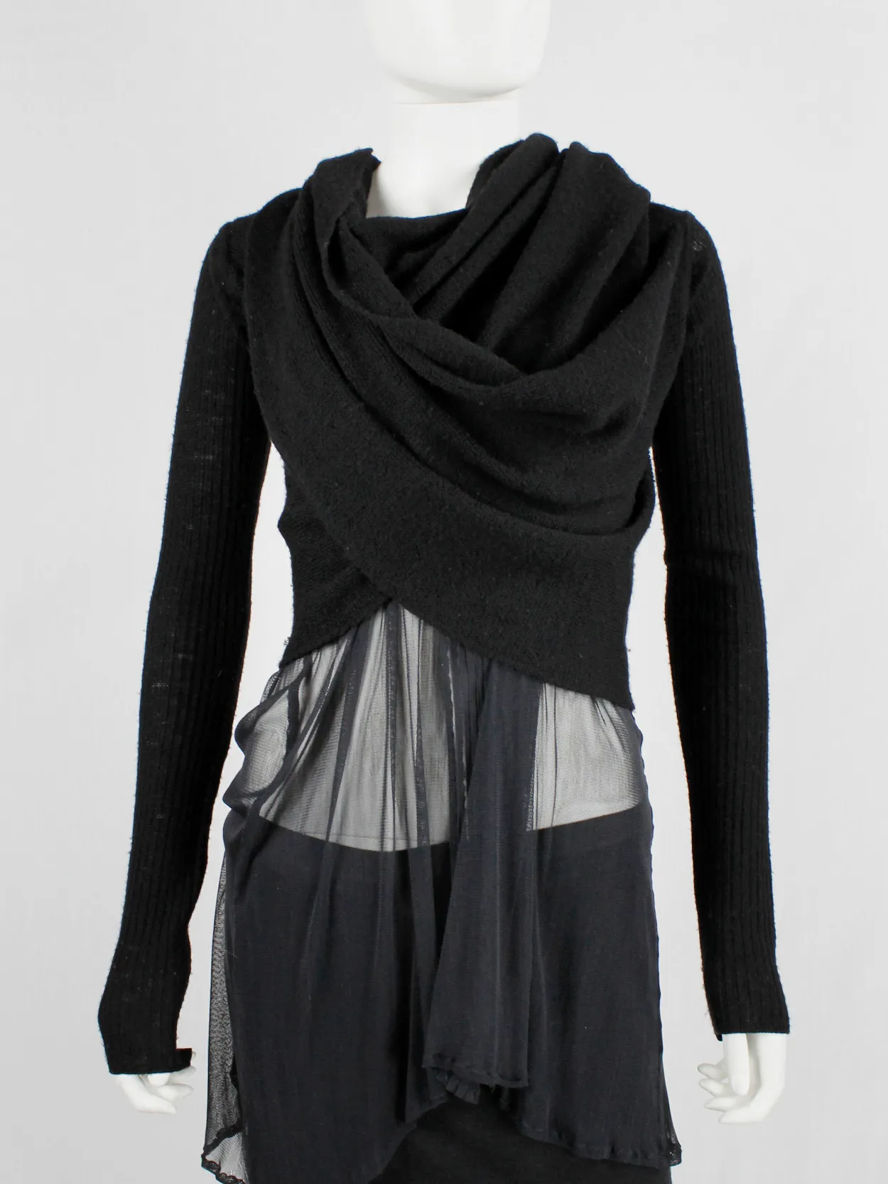 Rick Owens MOOG black cardigan with long front panels and patterned knit — fall 2005