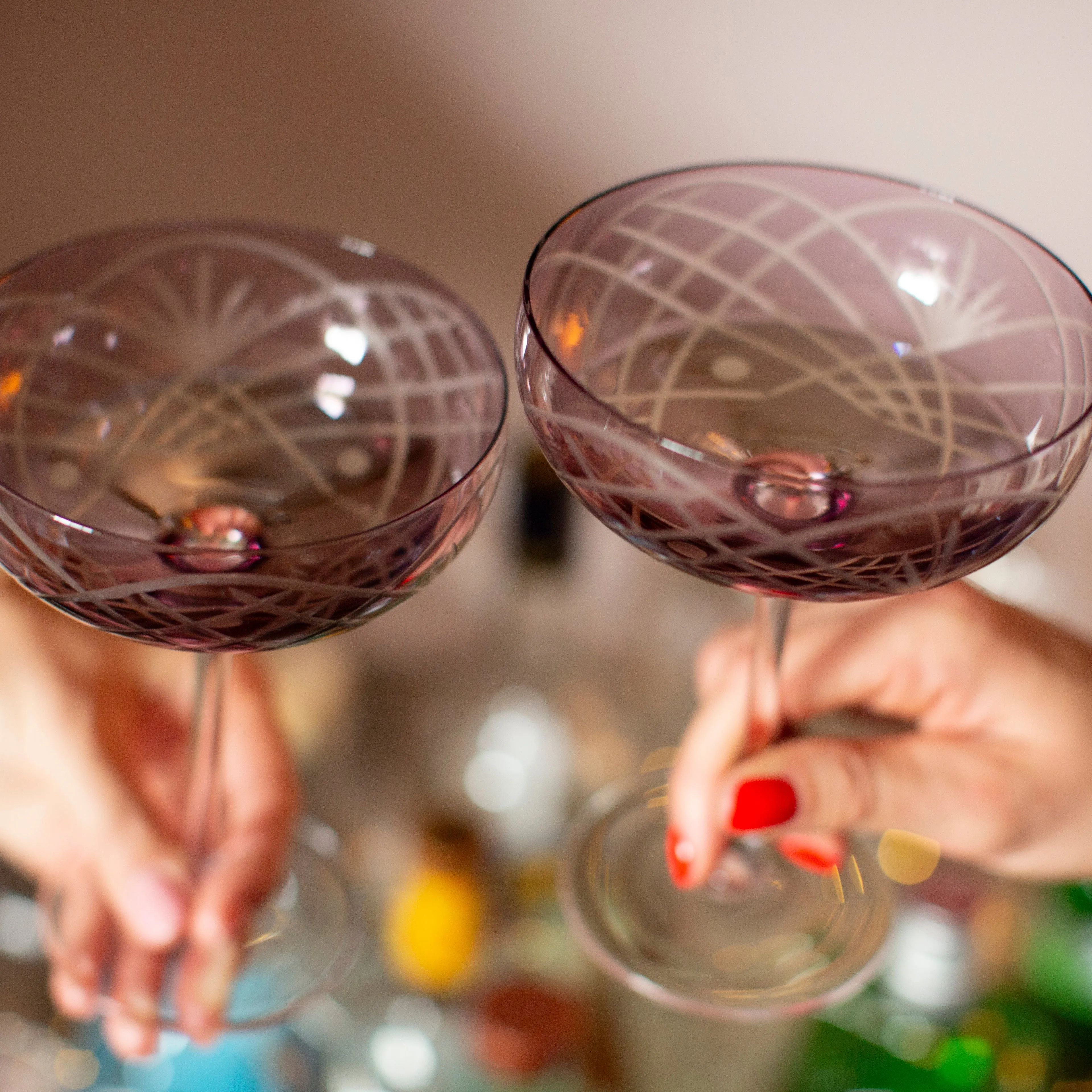 Set Of Two Blush Etched Champagne Glasses