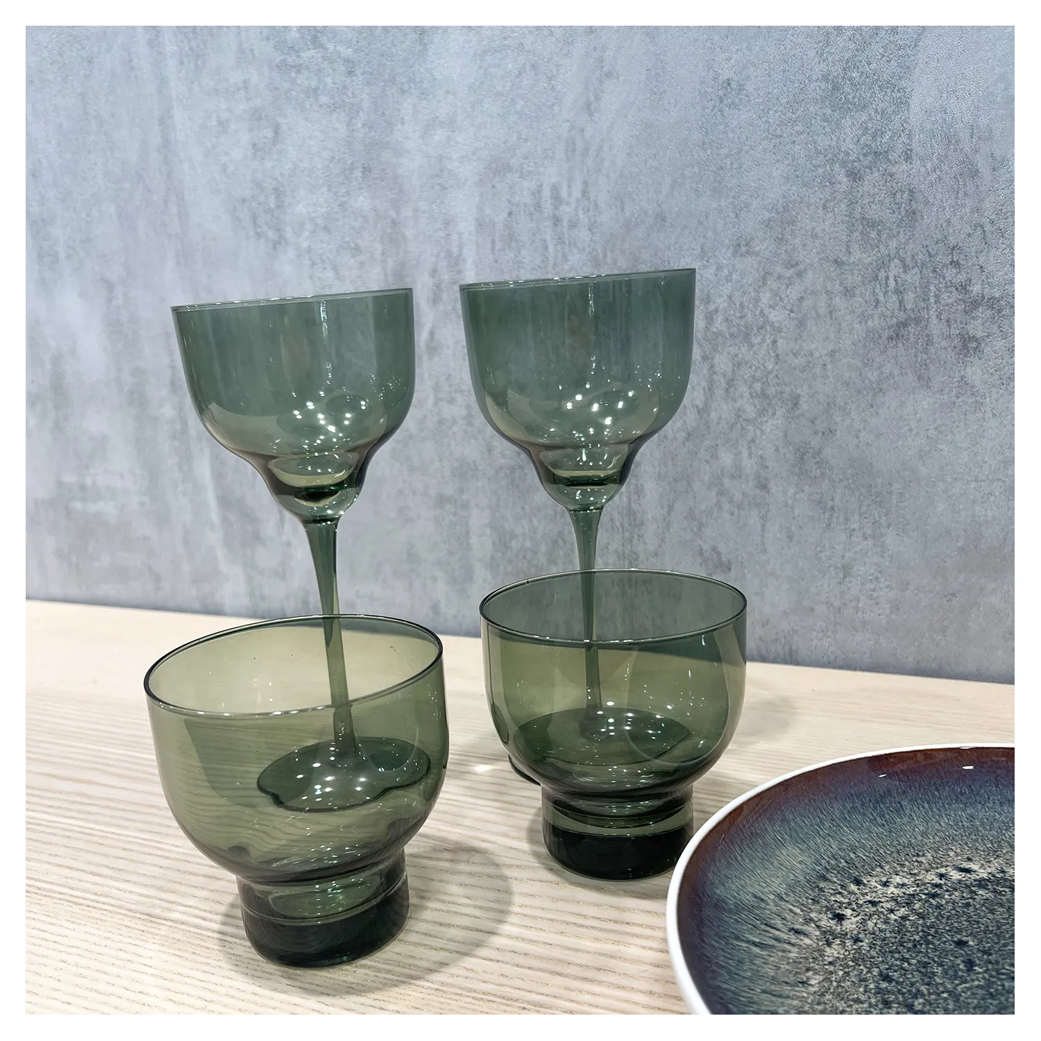 Set Of Two Olive Green Wine Glasses