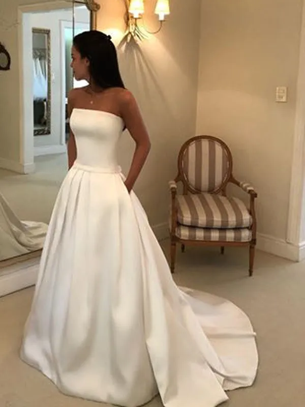 Simple Ivory Satin Strapless With Pockets Ball Gown Wedding Dresses,DB0180