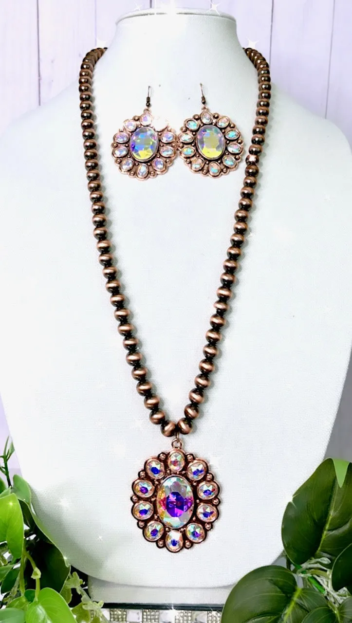 Single Copper Strand Navajo Pearl Necklace with Big Bling Rhinestone Concho pendant - (Necklace only, earrings not included)