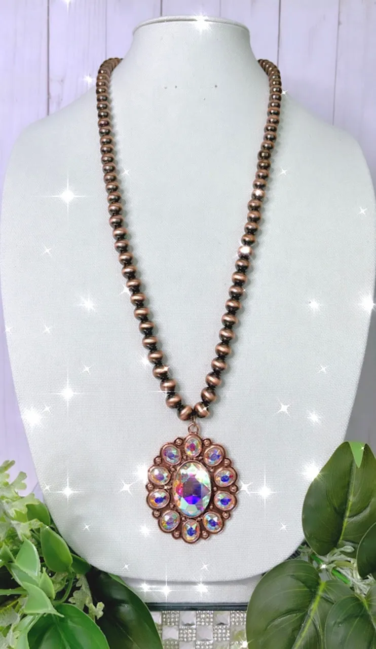 Single Copper Strand Navajo Pearl Necklace with Big Bling Rhinestone Concho pendant - (Necklace only, earrings not included)