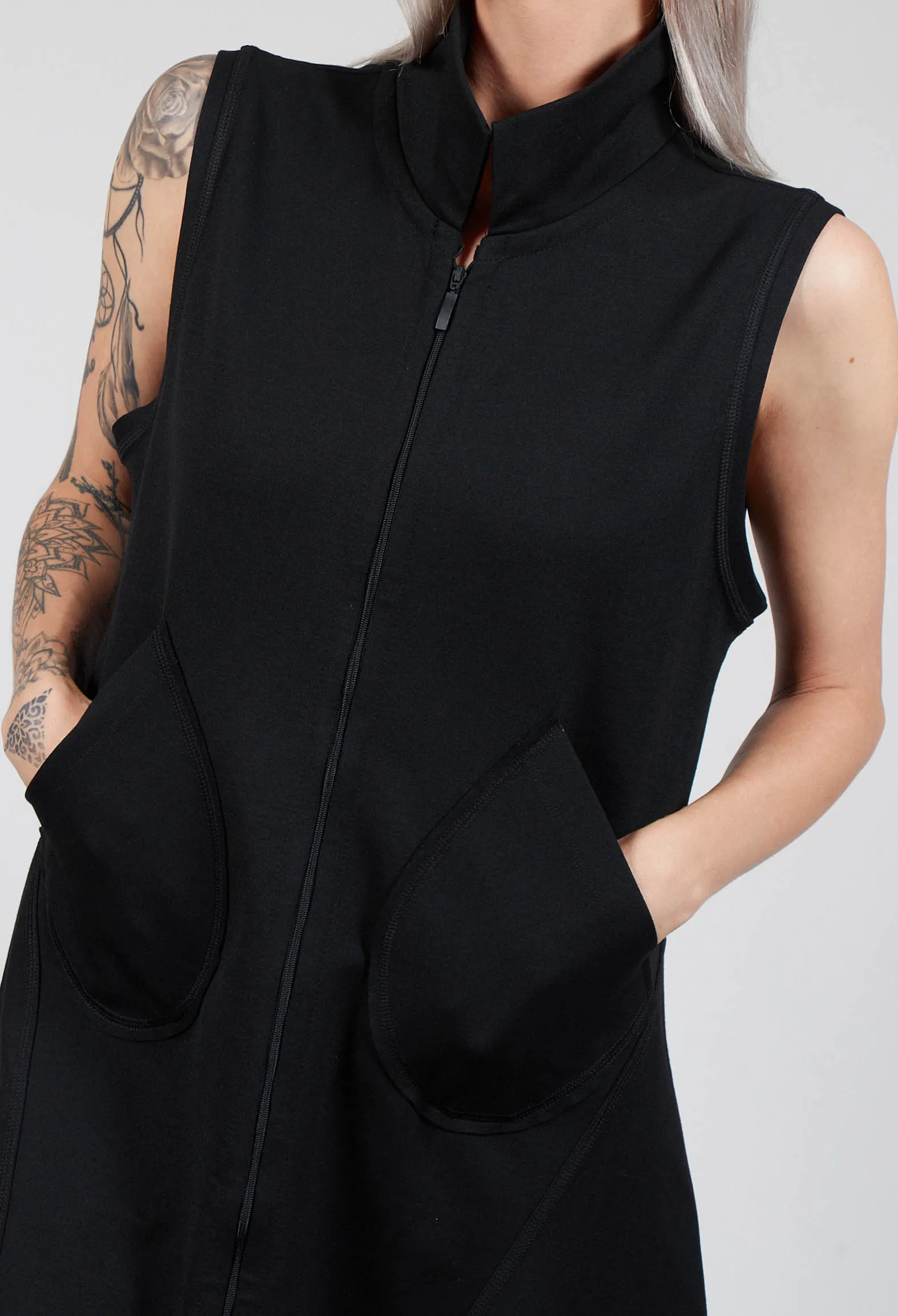 Sleeveless A Line Dress with Front Zip in Black