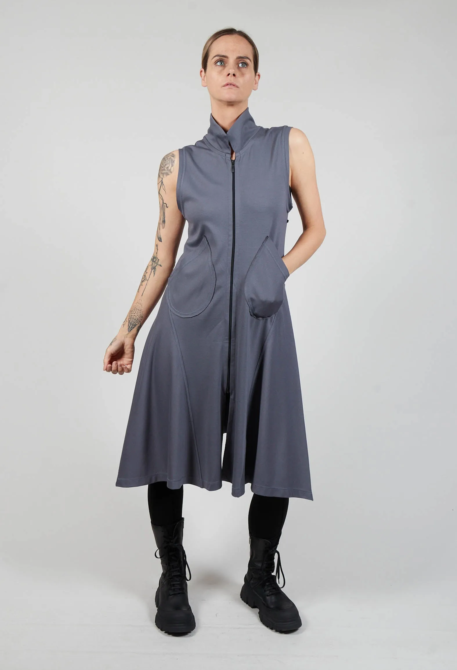 Sleeveless A Line Dress with Front Zip in Grey