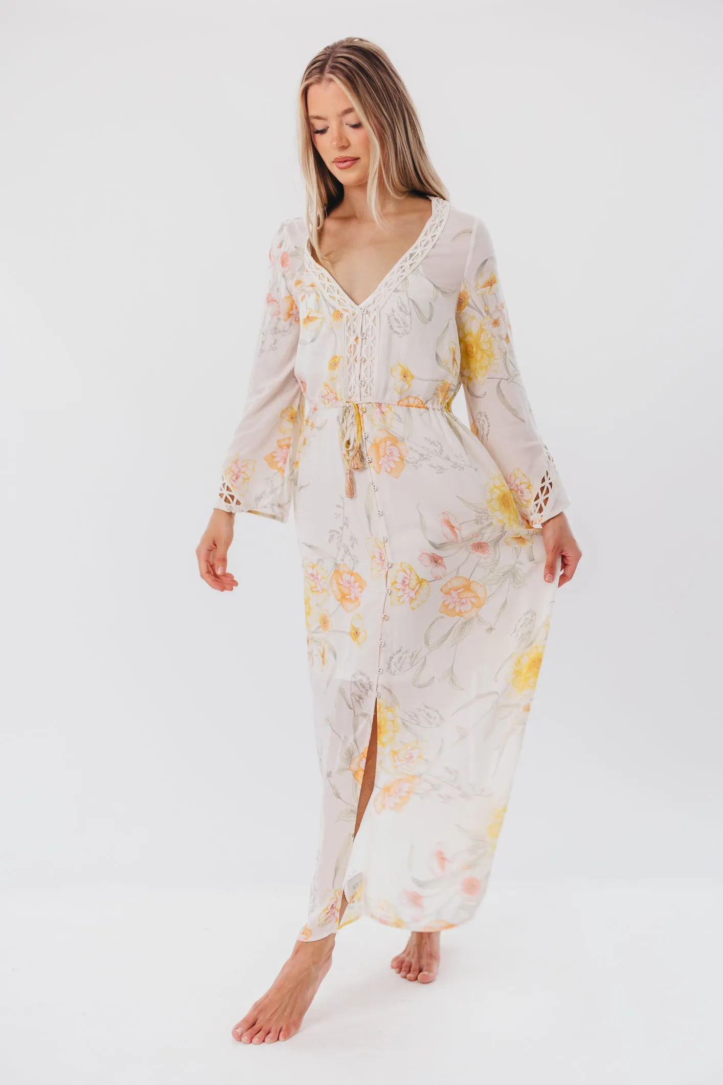 Sophie Flowy Long-sleeved Maxi Dress with Button-Up Front in Vanilla/Coral Floral - Nursing Friendly