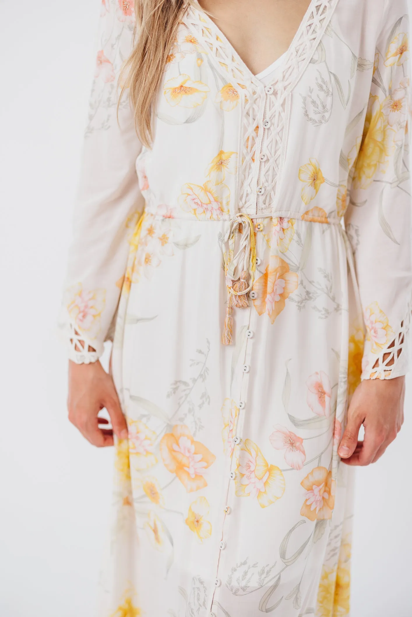 Sophie Flowy Long-sleeved Maxi Dress with Button-Up Front in Vanilla/Coral Floral - Nursing Friendly