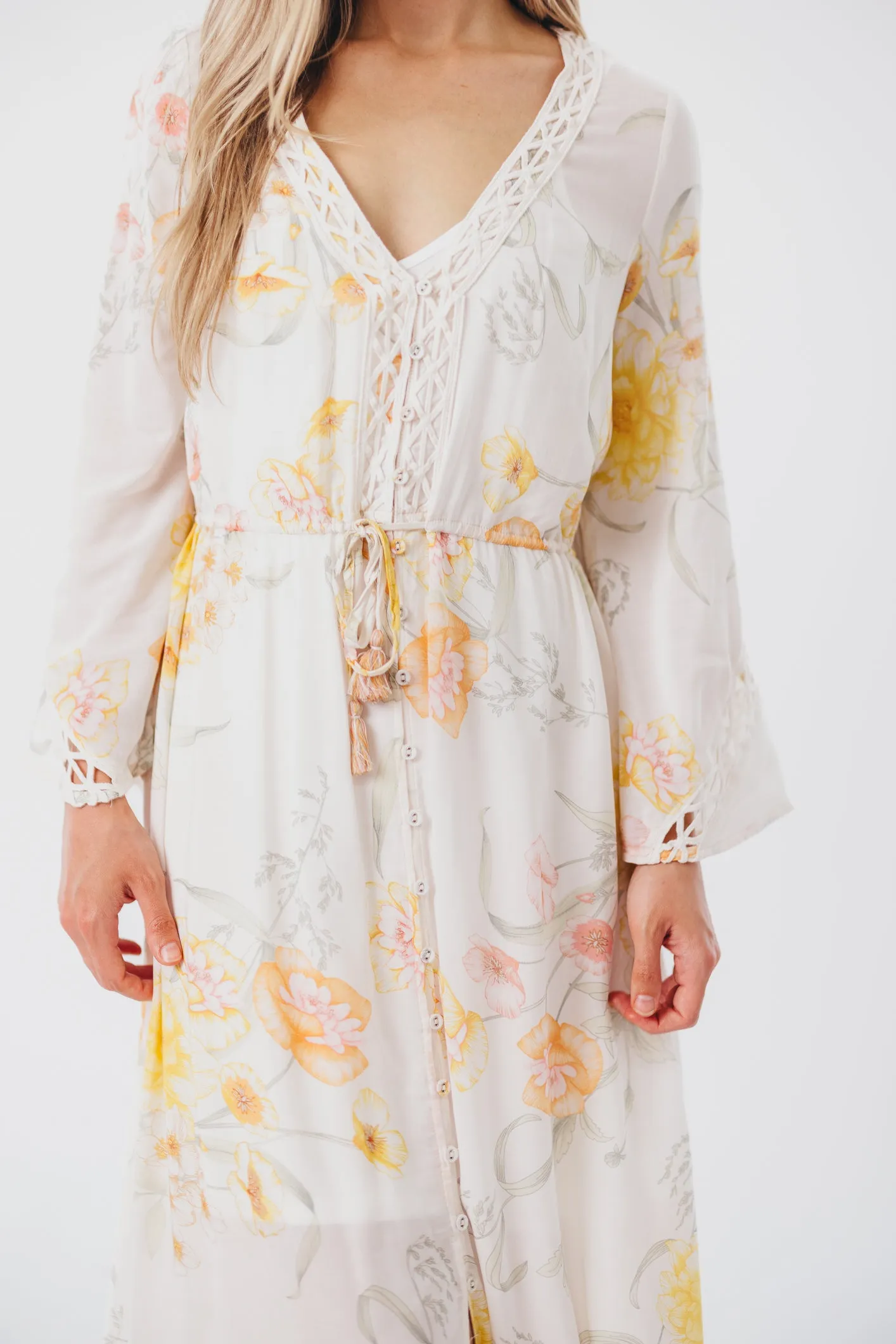 Sophie Flowy Long-sleeved Maxi Dress with Button-Up Front in Vanilla/Coral Floral - Nursing Friendly