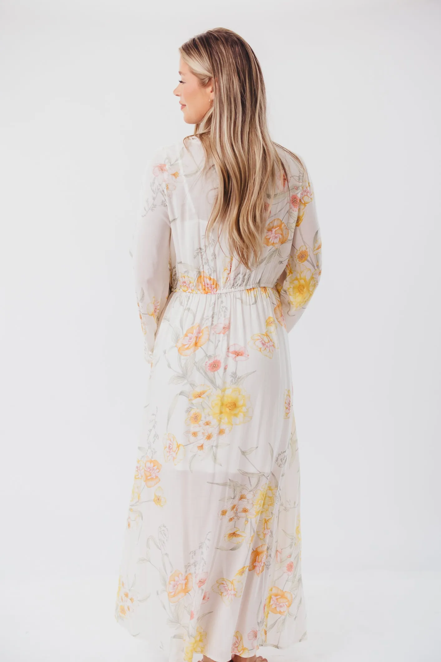 Sophie Flowy Long-sleeved Maxi Dress with Button-Up Front in Vanilla/Coral Floral - Nursing Friendly