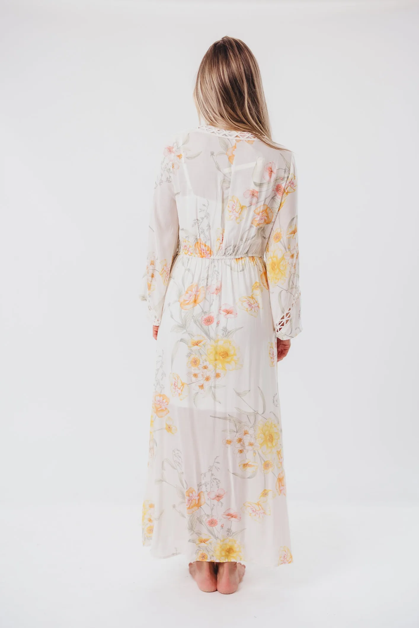 Sophie Flowy Long-sleeved Maxi Dress with Button-Up Front in Vanilla/Coral Floral - Nursing Friendly