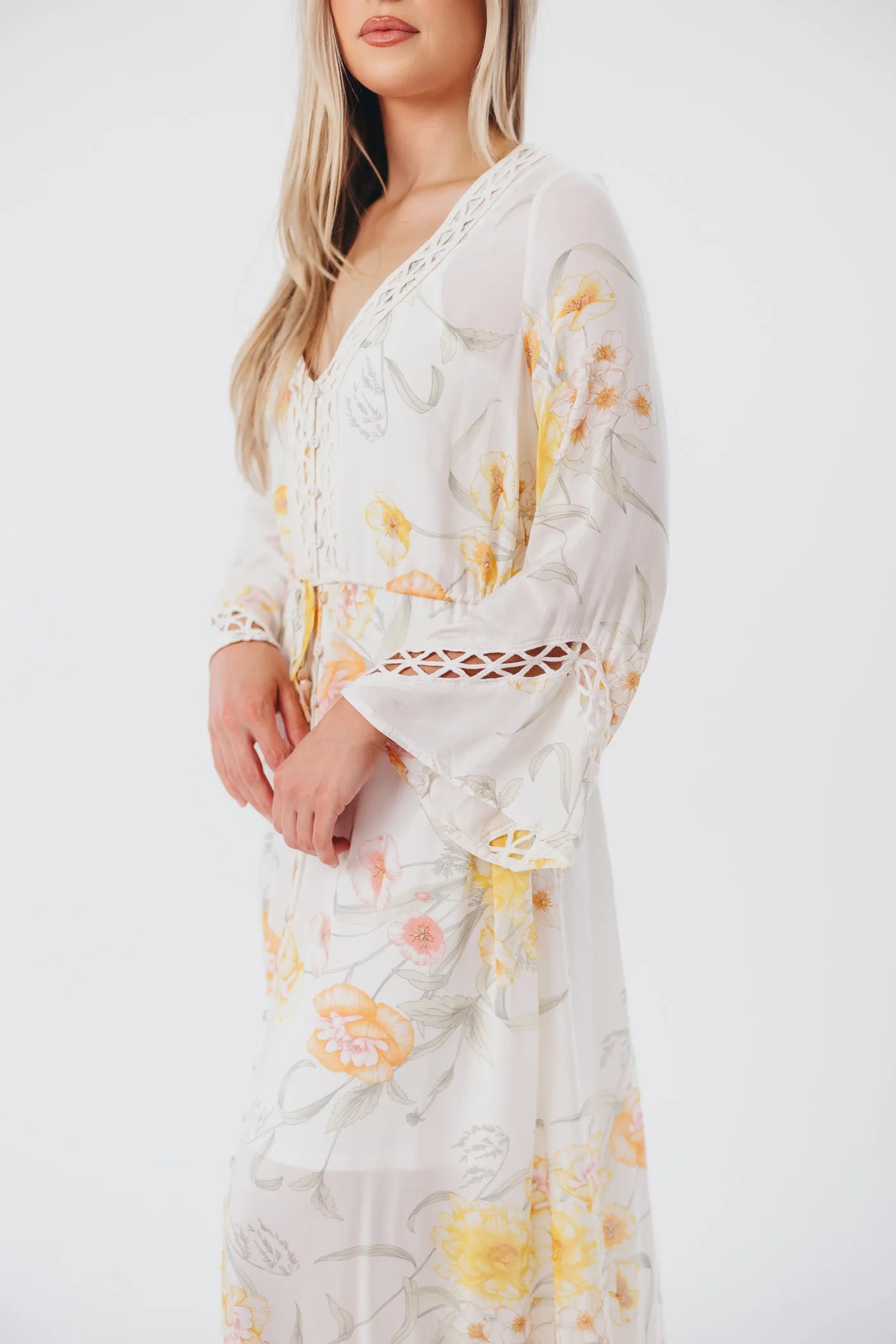 Sophie Flowy Long-sleeved Maxi Dress with Button-Up Front in Vanilla/Coral Floral - Nursing Friendly