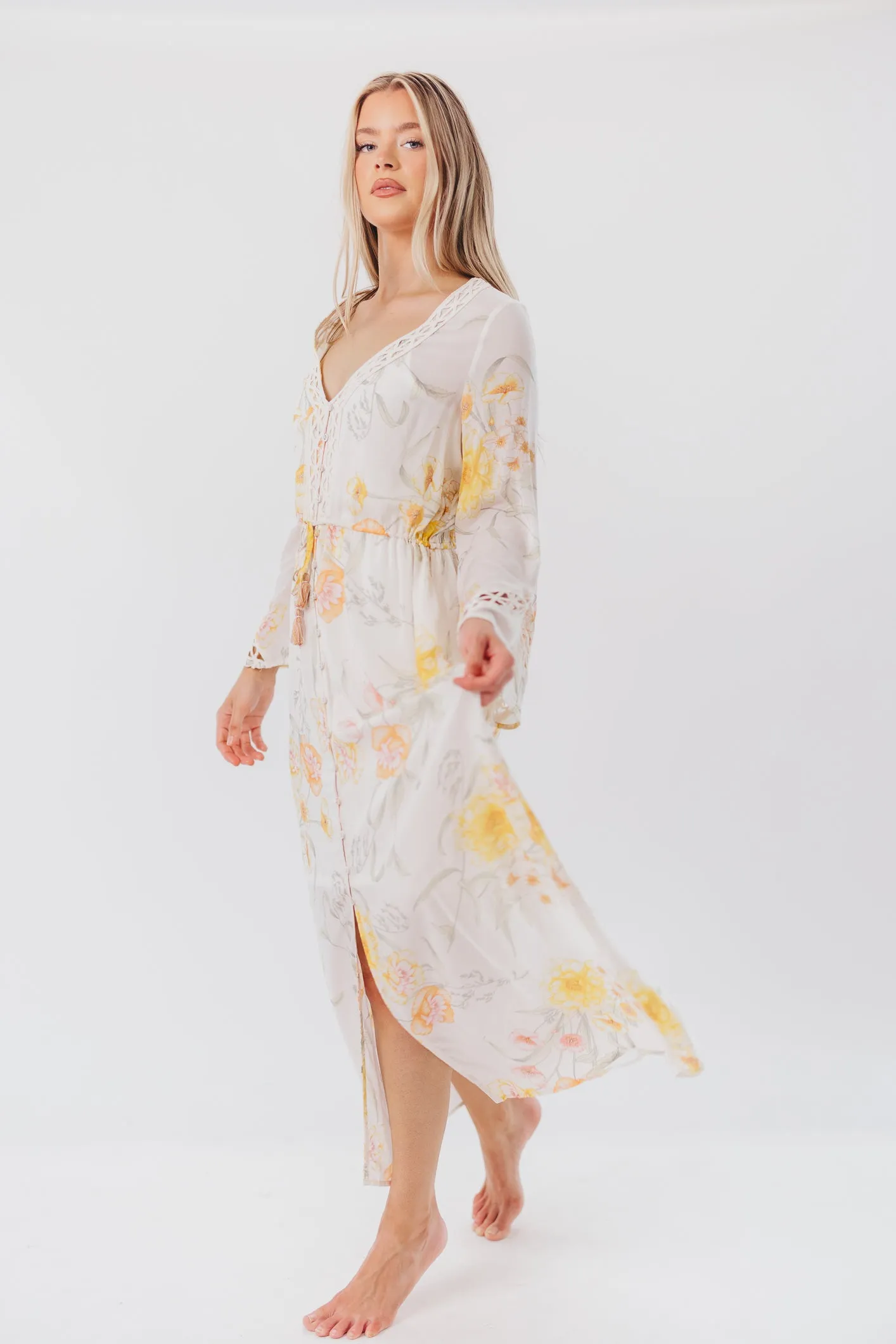 Sophie Flowy Long-sleeved Maxi Dress with Button-Up Front in Vanilla/Coral Floral - Nursing Friendly