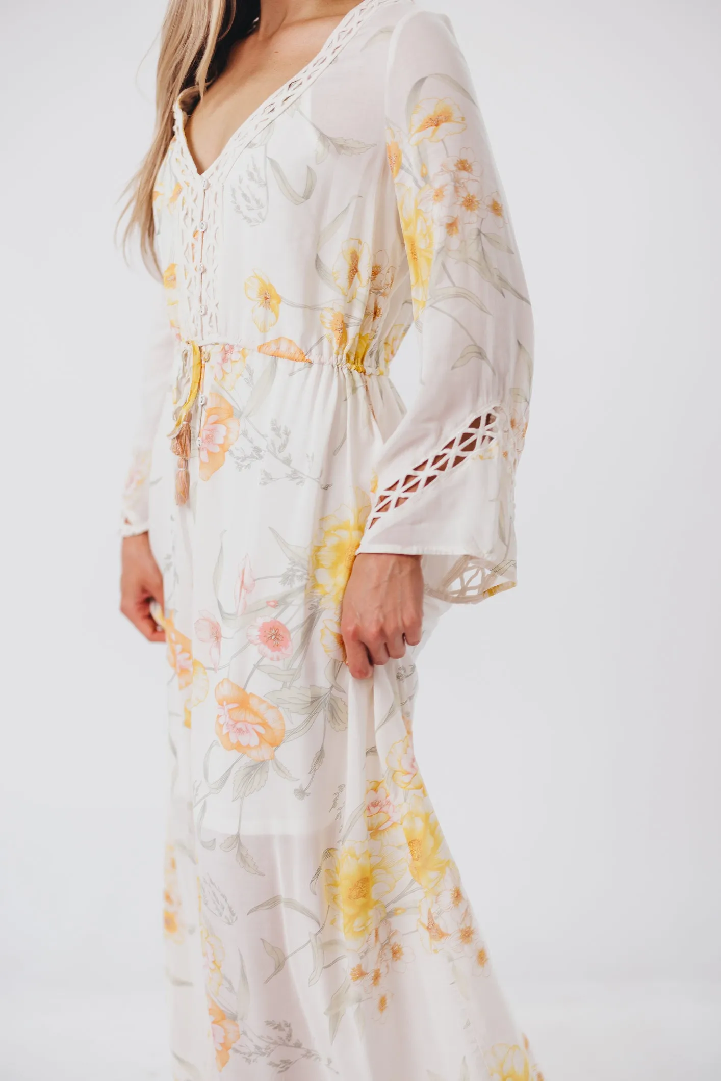 Sophie Flowy Long-sleeved Maxi Dress with Button-Up Front in Vanilla/Coral Floral - Nursing Friendly