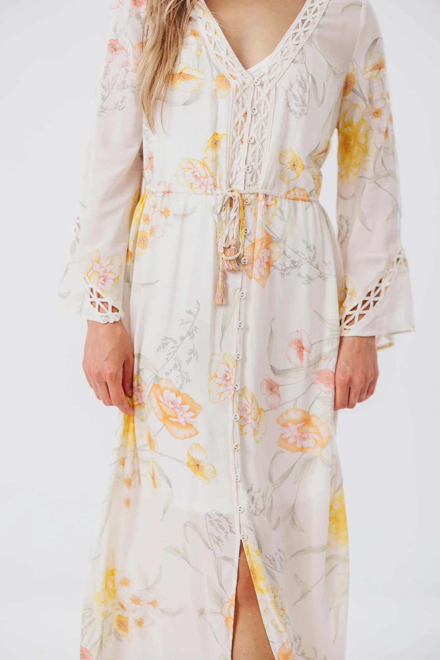 Sophie Flowy Long-sleeved Maxi Dress with Button-Up Front in Vanilla/Coral Floral - Nursing Friendly