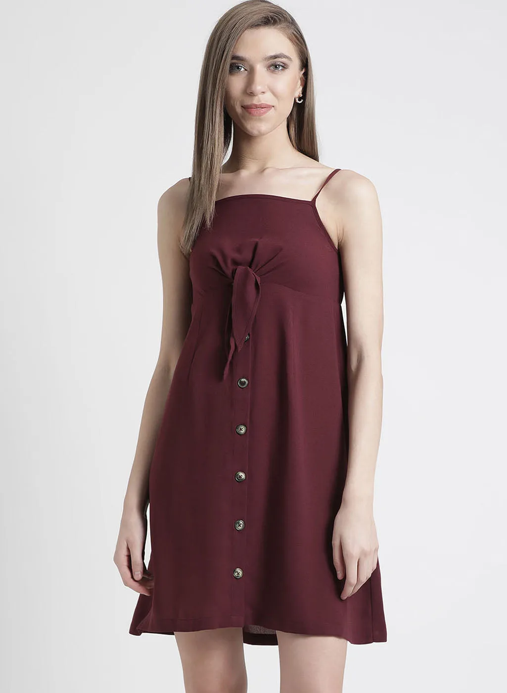 Strap Sleeves Dress With Front Knot Detailing